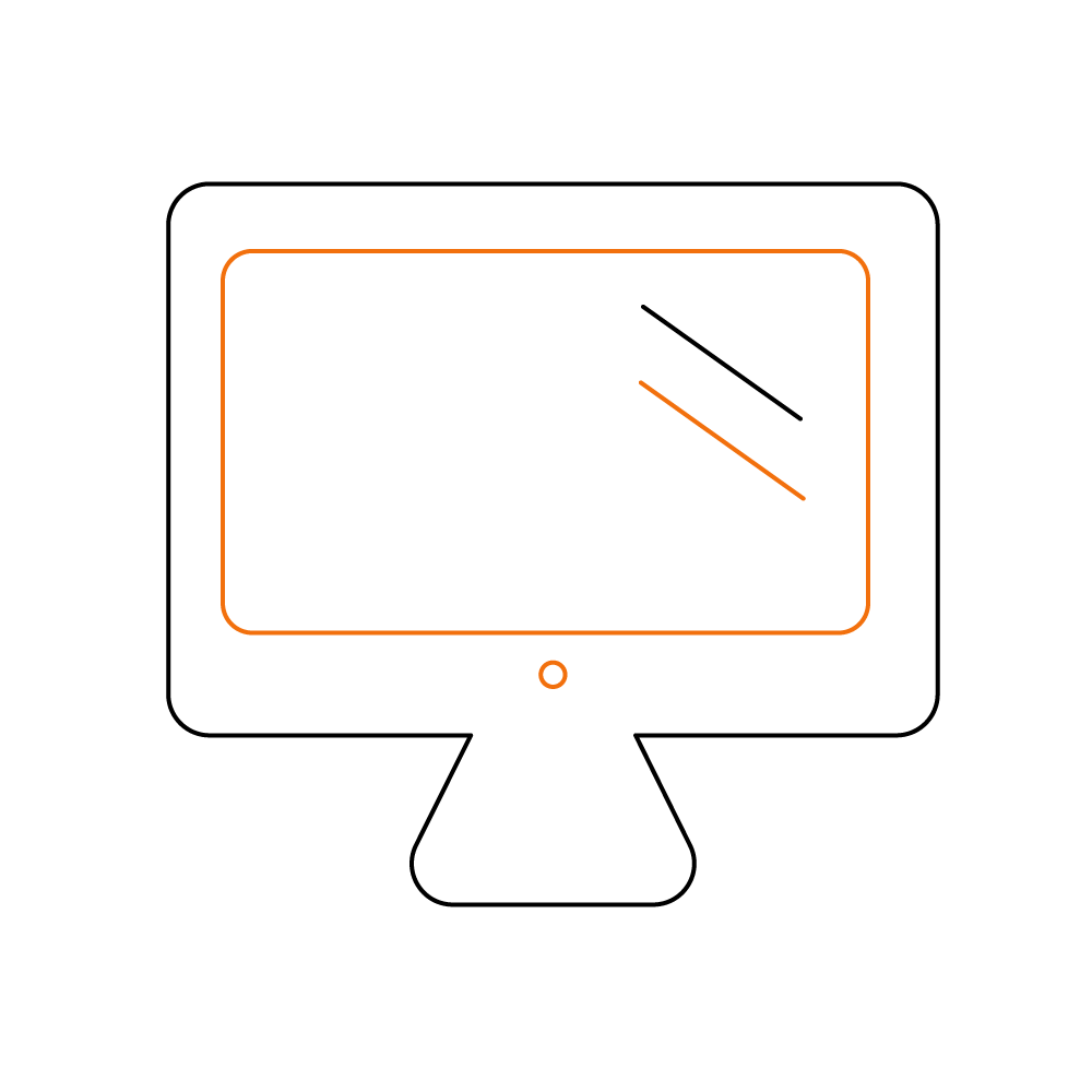 Simple line art of a computer monitor with an orange power button icon and stylized lines on the screen. - Hoya Ondol Aust