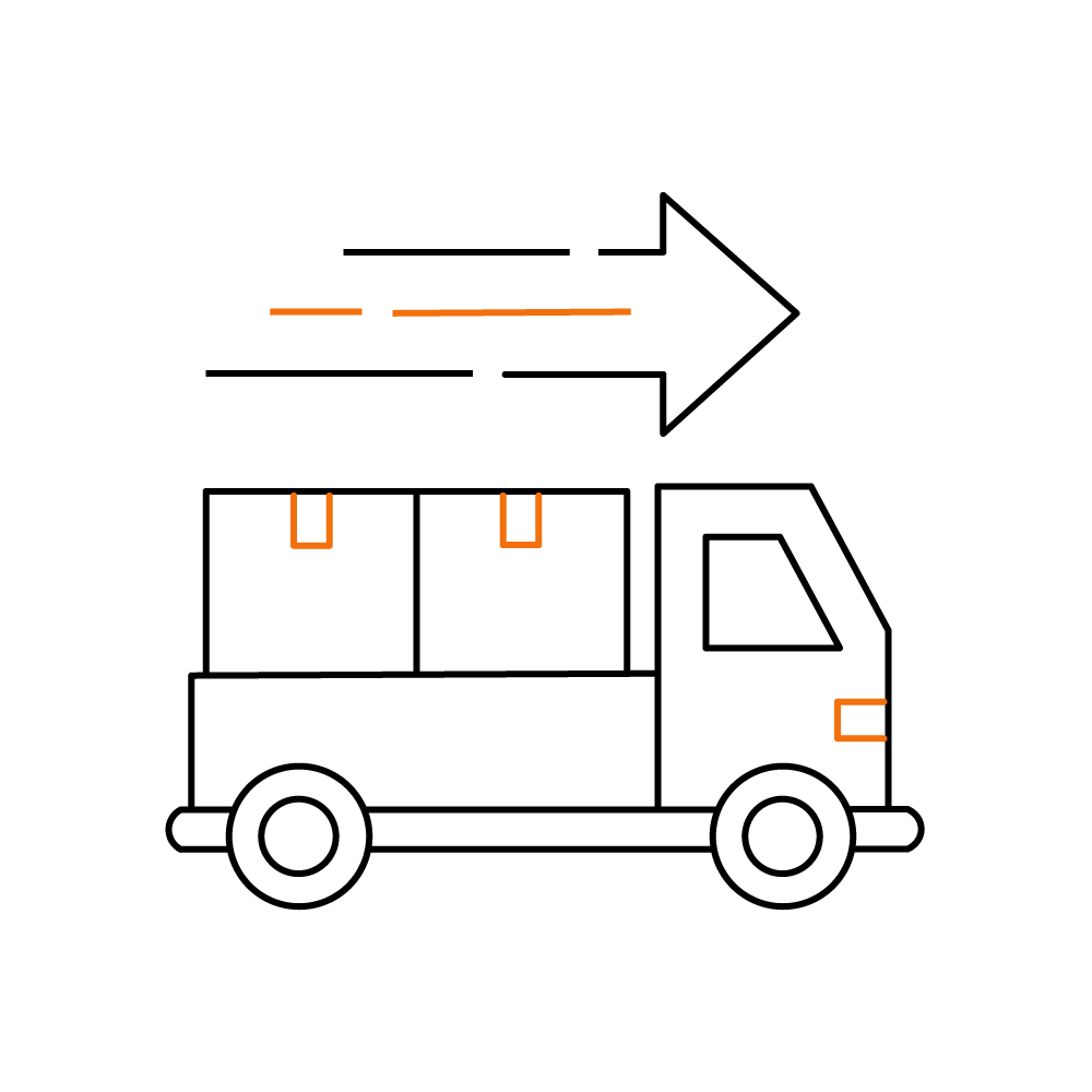 Simple line drawing of a delivery truck with boxes and an arrow indicating movement to the right. - Hoya Ondol Aust