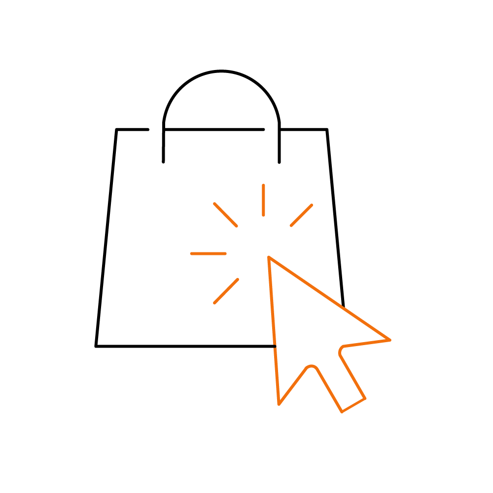 Shopping bag icon with an orange cursor arrow pointing at it, indicating online shopping. - Hoya Ondol Aust