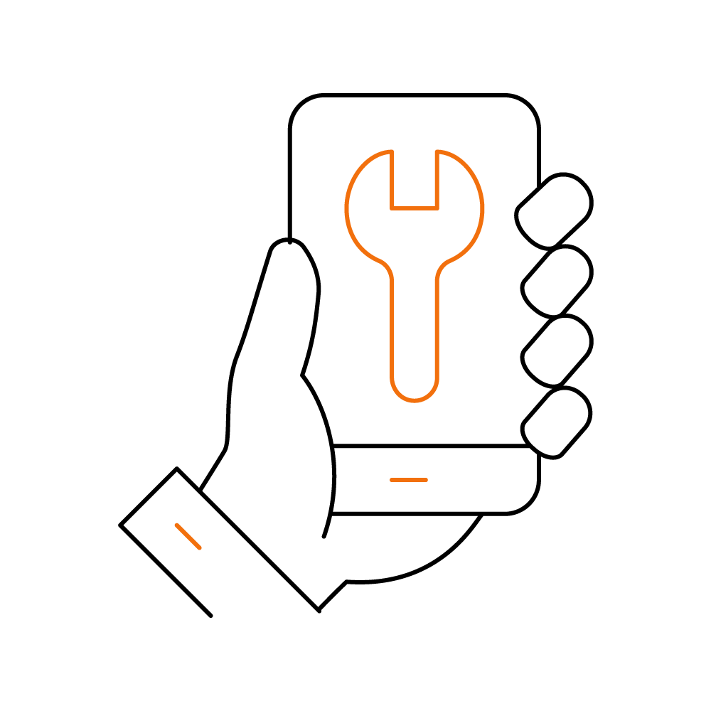 Line art of a hand holding a smartphone with an orange wrench symbol on the screen. - Hoya Ondol Aust