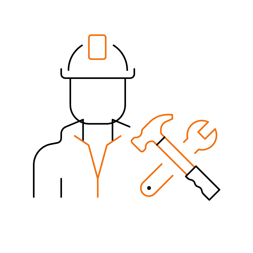 Line drawing of a construction worker with a hard hat and tools, including a hammer and wrench. - Hoya Ondol Aust
