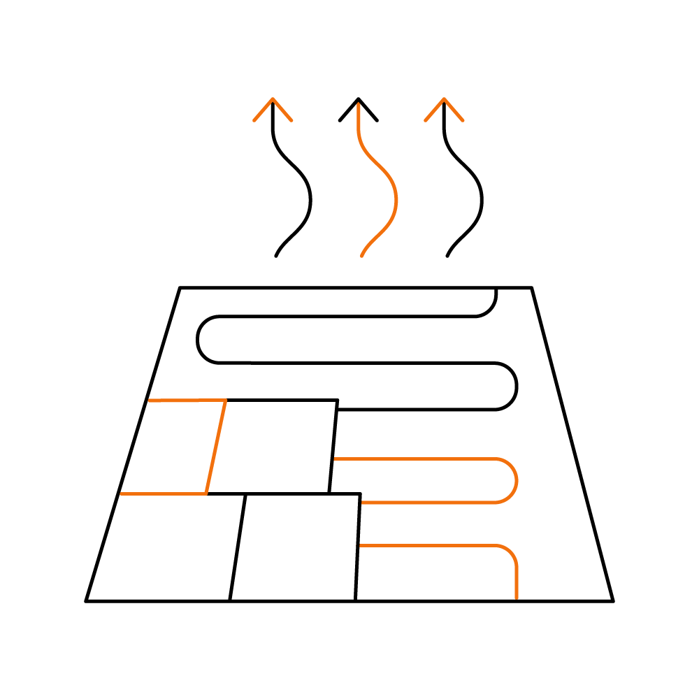 Illustration of radiant floor heating with lines and arrows indicating heat distribution. - Hoya Ondol Aust