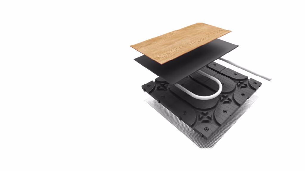Exploded view of a HOYA Ondol floor build-up: timber flooring above a diffusion layer, a black hydronic panel with heating pipe seated in its channel, over foil-faced insulation