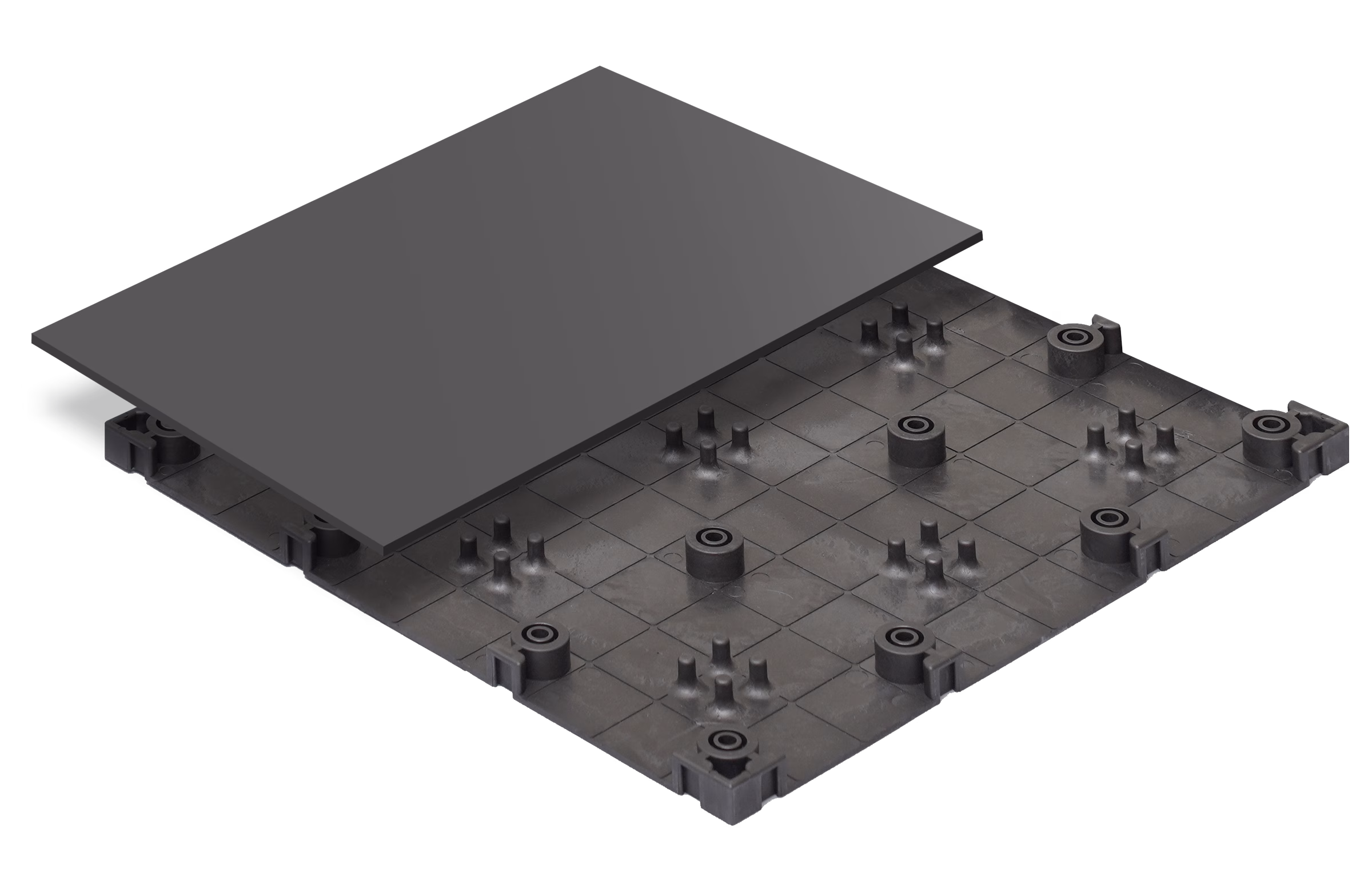 HOYA Ondol C-Panel, a 500 by 500 mm open-channel dry hydronic heating panel, shown with its cover panel lifted above it