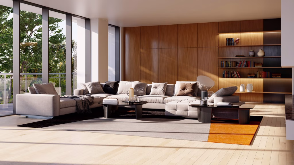 Open-plan living room with a sectional sofa, timber wall joinery and a pale timber floor