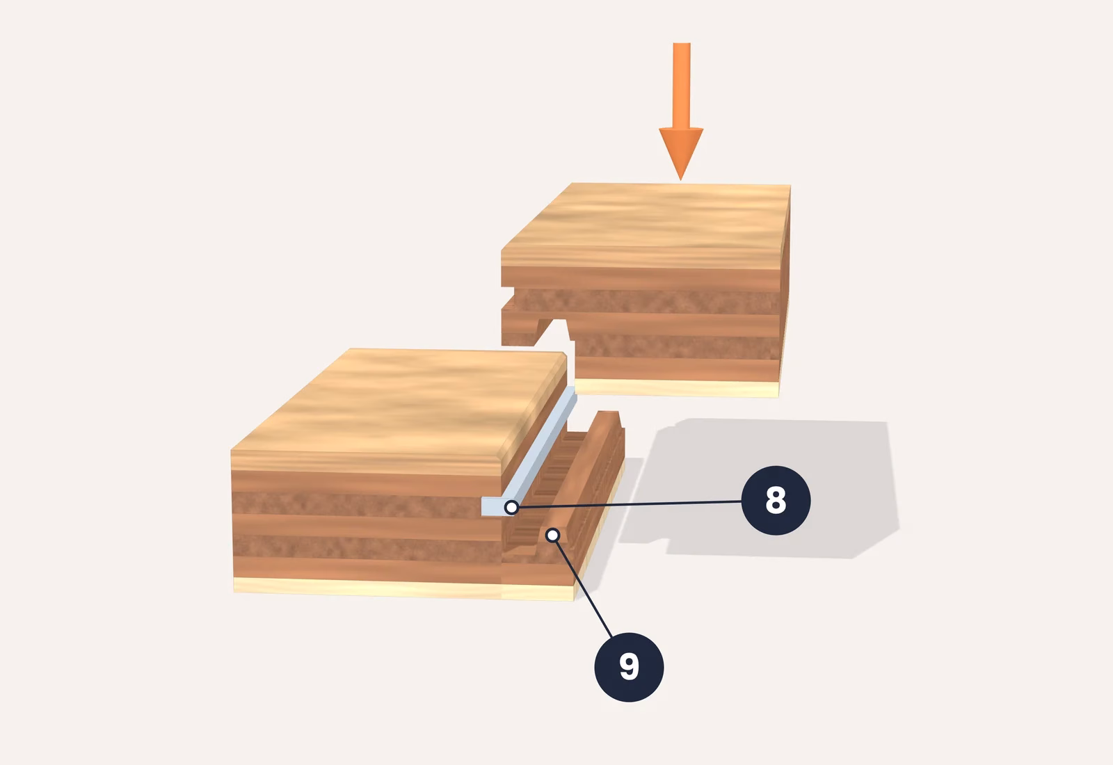 Exploded drawing of the short-end click joint on engineered oak boards. One board is lowered straight down onto the end of another. Numbered parts: 8 flexible locking tongue, 9 end locking strip.