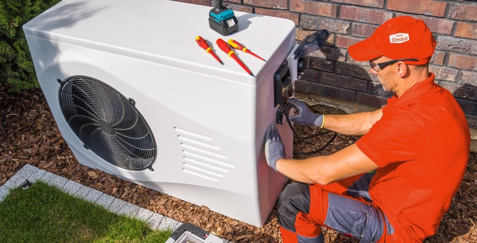Installer in HOYA Ondol orange workwear and cap connecting an outdoor air-source heat pump beside a brick house, with tools laid out on top of the unit.