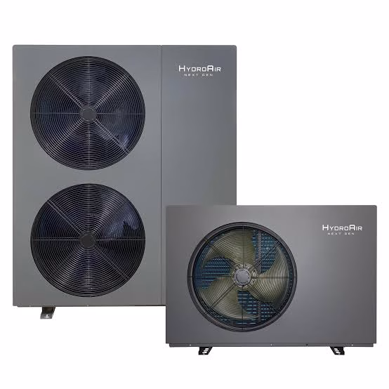 Two HydroAir Next Gen heat pumps in dark grey: a large twin-fan unit and a smaller single-fan unit