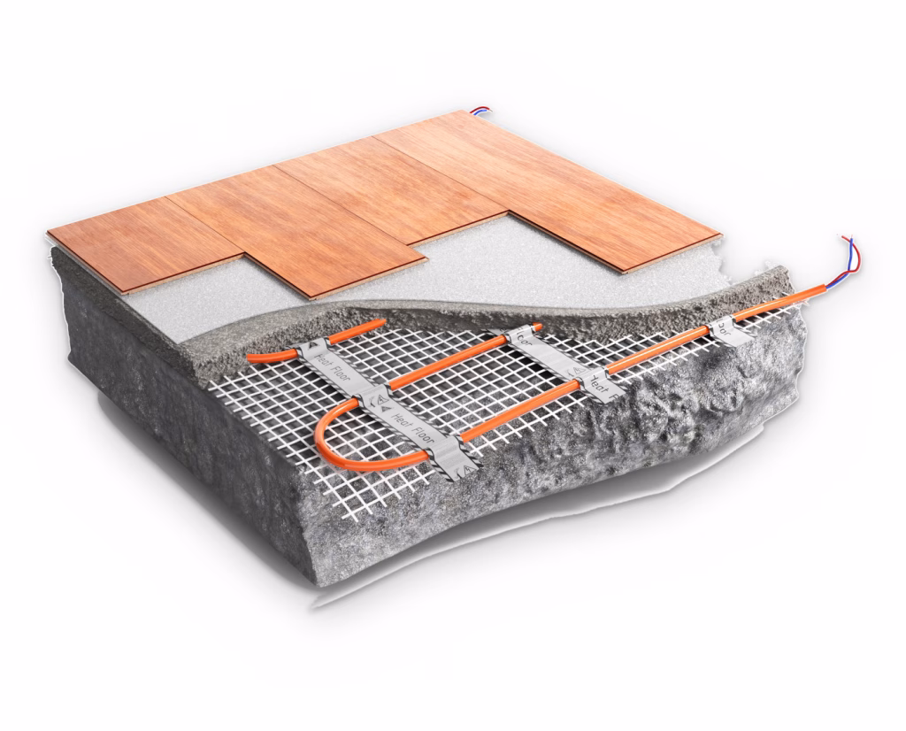 Cutaway of electric heating cable set in a screed over a concrete slab, with underlay and timber flooring on top