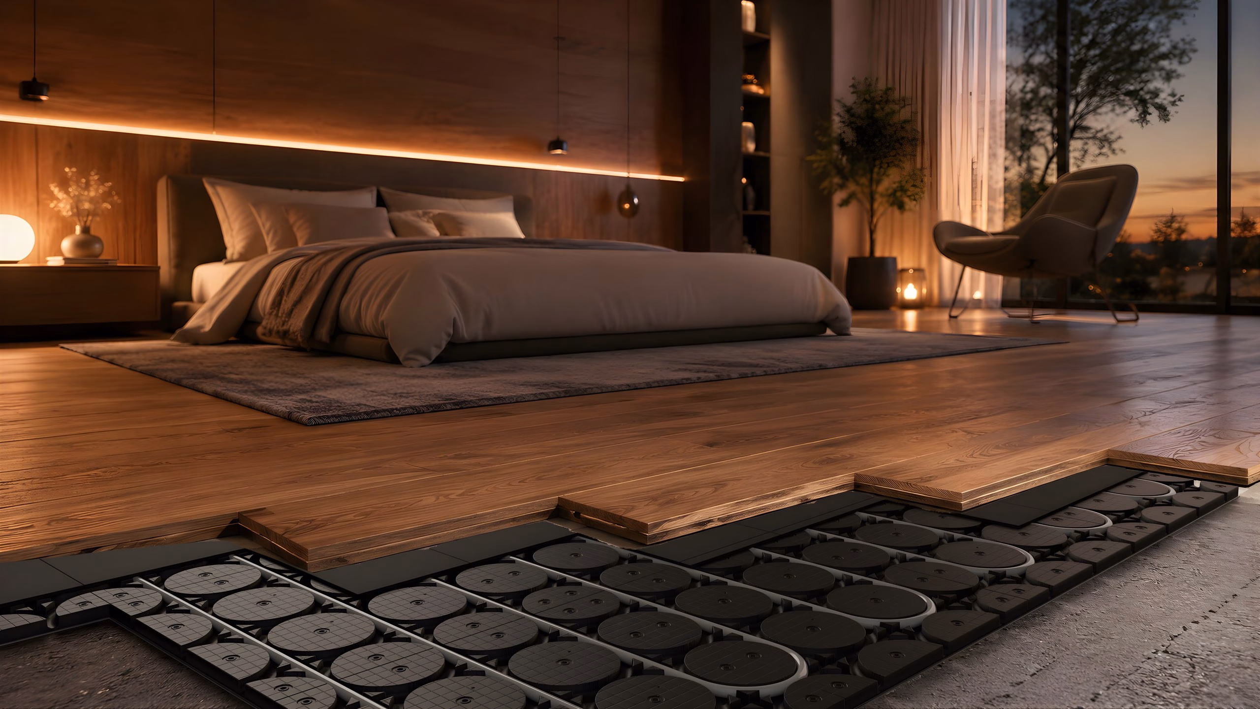 Bedroom with the timber floor cut away to show HOYA Ondol panels underneath
