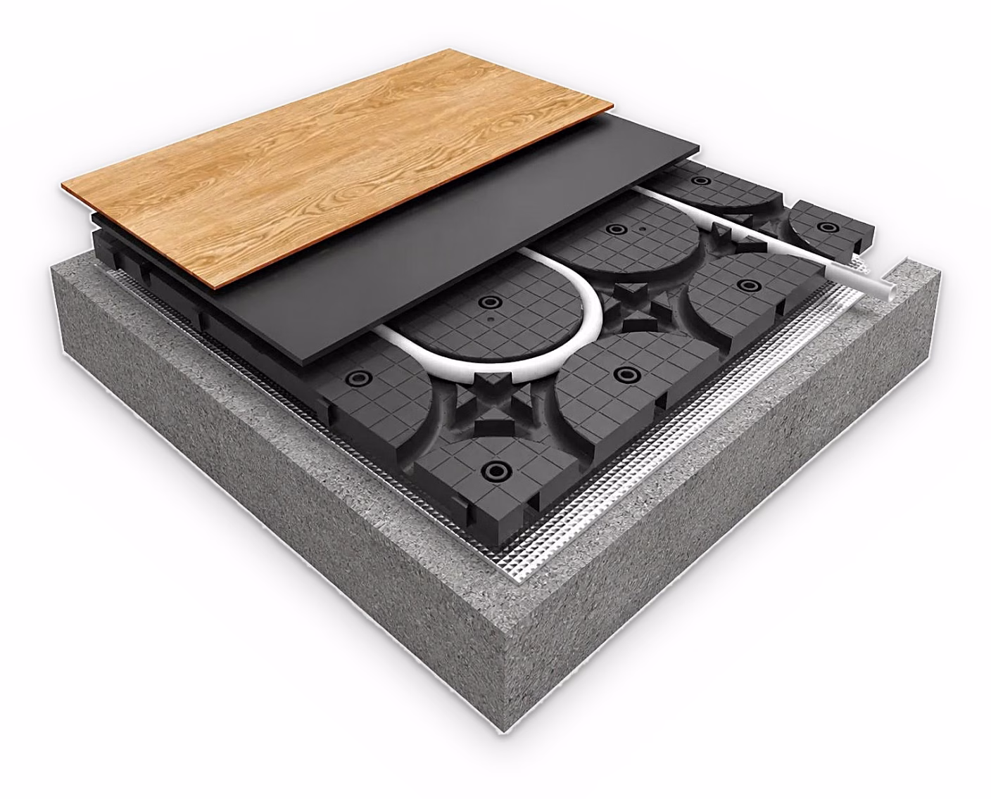 Cutaway of a HOYA Ondol dry panel floor on a concrete slab: reflective foil, black panels holding white 16 mm PE-RT pipe, a 6 mm cover panel, then engineered timber flooring.