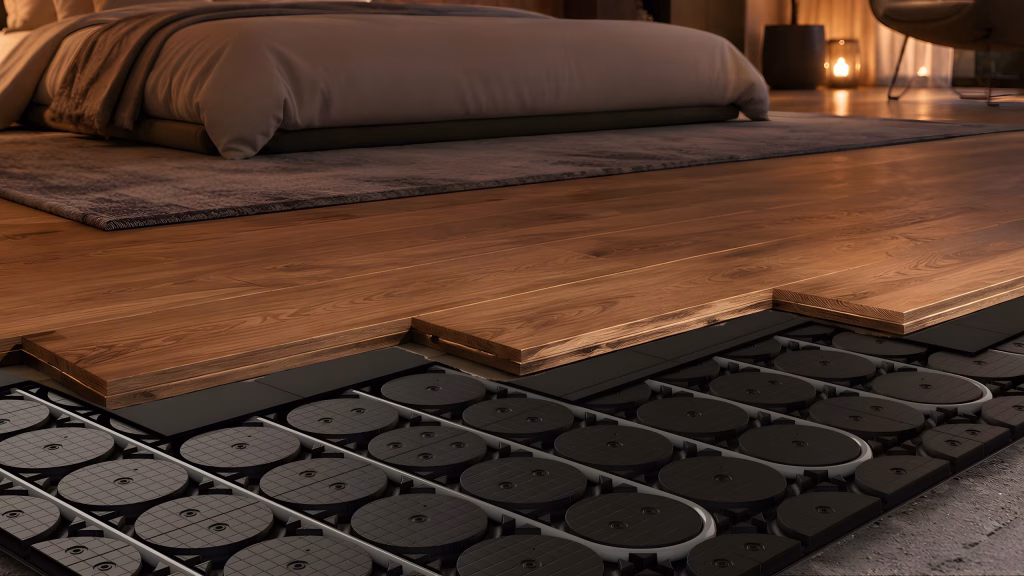 Engineered timber boards laid over HOYA Ondol panels with the heating pipe in the channels