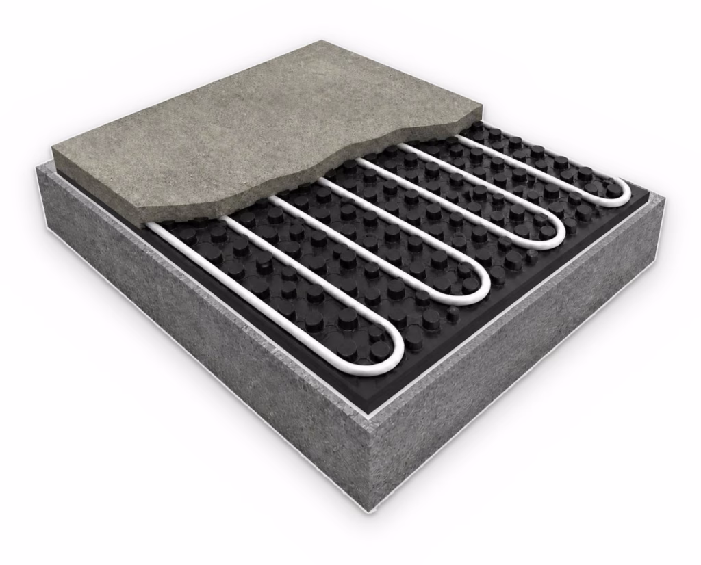 Cutaway of an in-screed floor: a concrete slab, a black studded insulation board holding white heating pipe in a serpentine layout, and a sand and cement screed poured over the top, cut back to show the pipe.