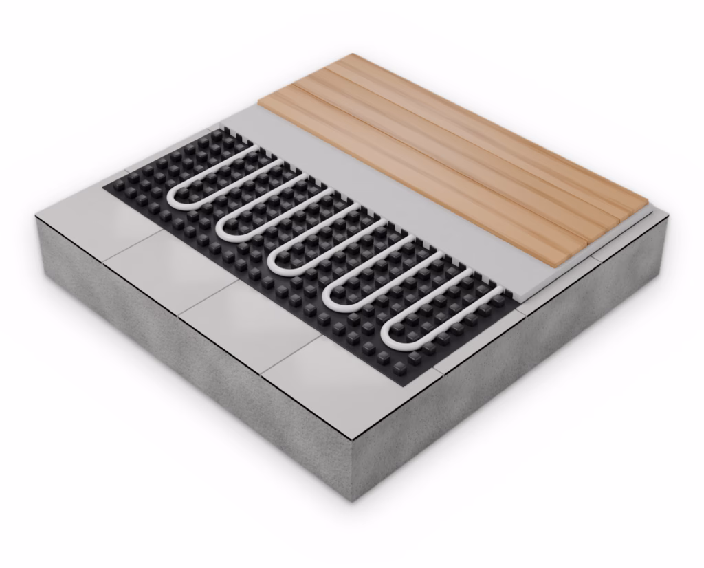 Cutaway of a low-profile wet system over existing floor tiles: a thin studded sheet holding small white pipe at close spacing, a poured levelling compound, then timber floorboards.