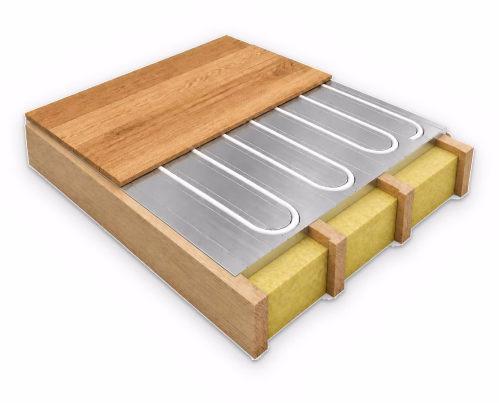 Cutaway of a suspended timber floor: timber joists with yellow insulation batts between them, aluminium plates holding white heating pipe just under the floorboards, and oak boards on top.