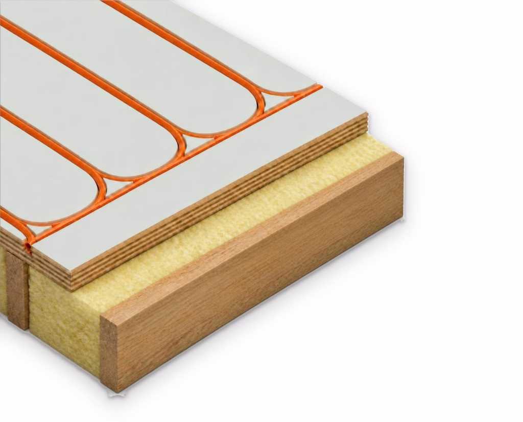 Warmboard-S structural panel fixed across timber joists with insulation batts between them: plywood with an aluminium top, and orange pipe seated in routed channels.
