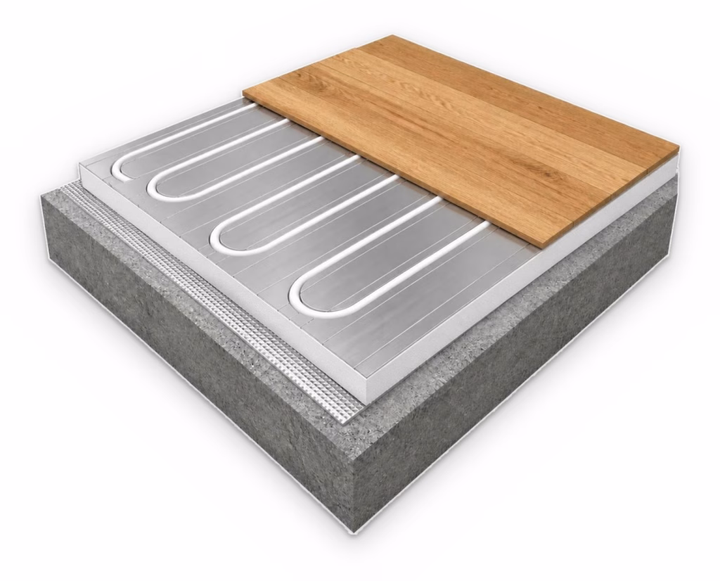 Cutaway of a dry foam panel system on a concrete slab: reflective foil, white XPS foam boards topped with aluminium plates holding white heating pipe in a serpentine layout, then timber floorboards.